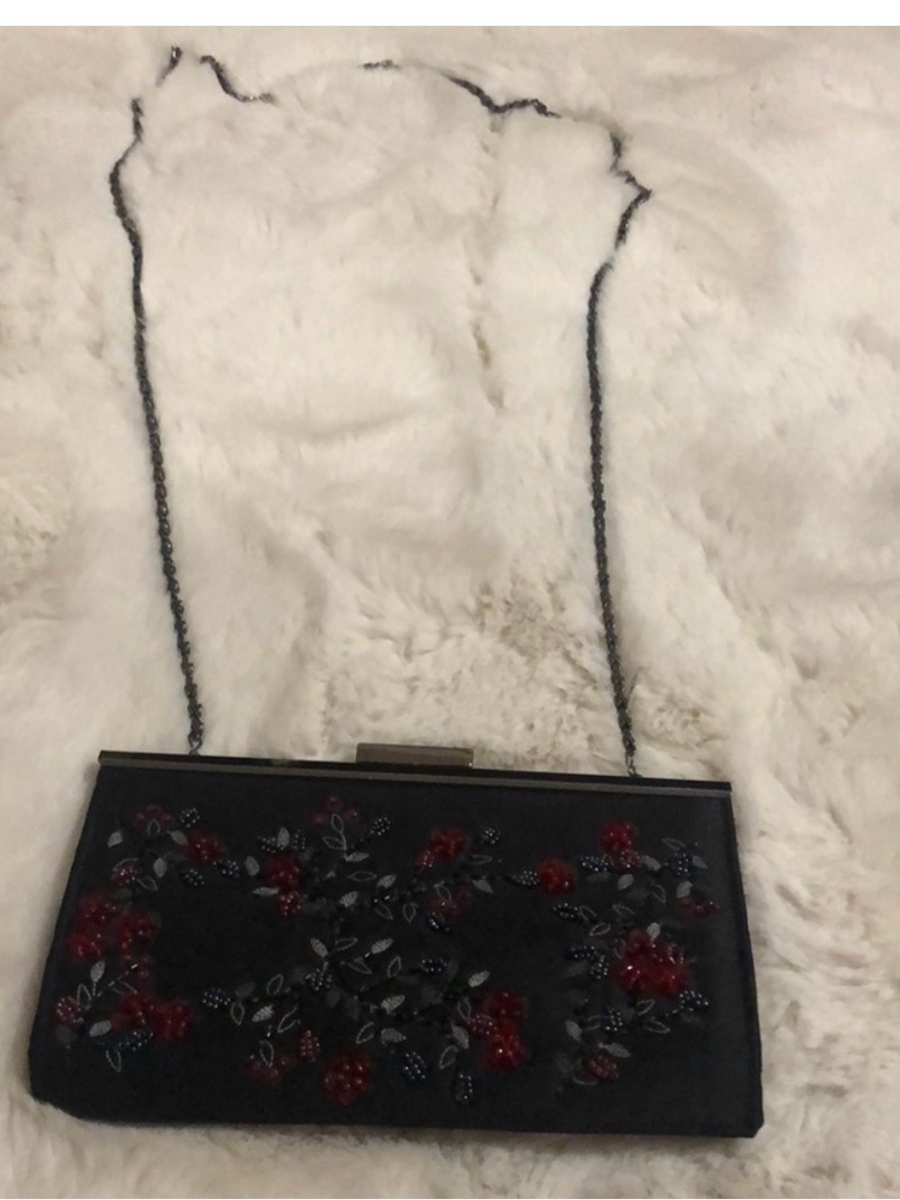 Bloomingdale's Black Evening Clutch with Red Bead Floral Embellishments